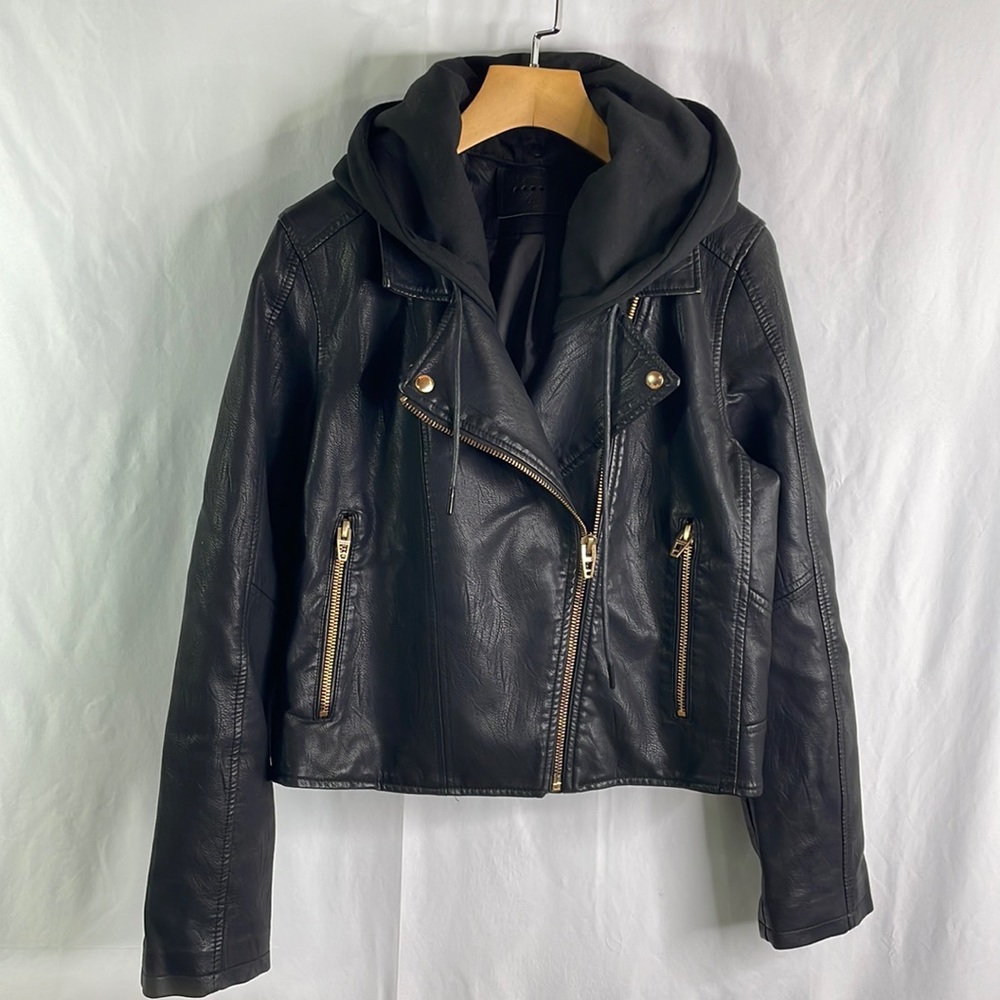 Blank NYC faux leather moto jacket with sweatshirt hood removable.
